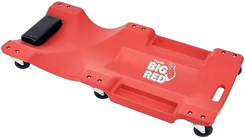 BIG RED TRP6240 Torin Blow Molded Plastic Rolling Garage/Shop Creeper: 40' Mechanic Cart with Padded Headrest, Dual Tool Trays and 6 Casters, Red