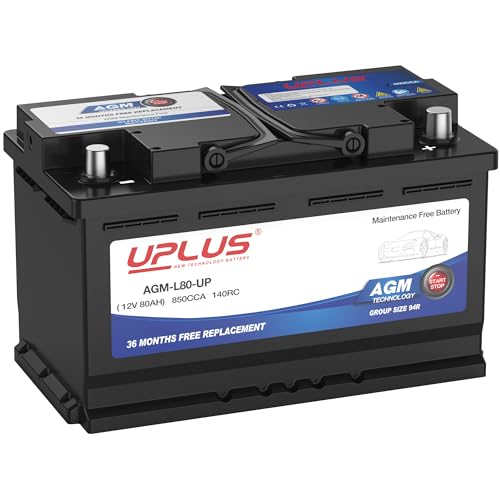 UPLUS BCI Group 94R Car Battery, AGM-L80-UP Maintenance Free 12V 80Ah Premium AGM Batteries H7 L4 Automotive Battery, 850CCA, 140RC