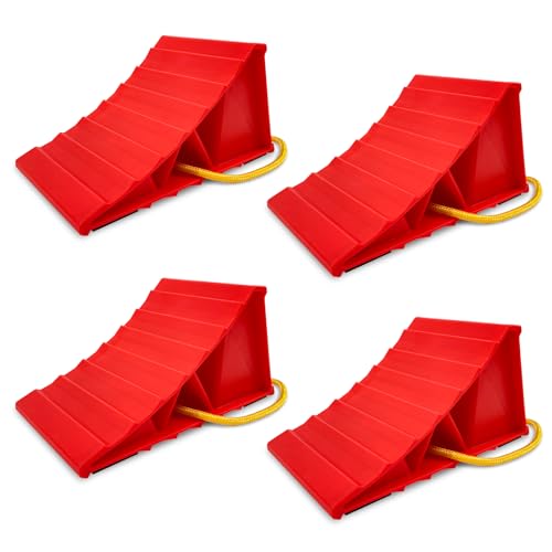 HOXWELL 2 Pair Wheel Chocks for Travel Trailers, Non Slip Heavy Duty Red Wheel Chock with Rope, Lightweight Wheel Stoppers for Cars Campers Trucks RVs, Easy to Carry & Suitable for Most Tyre Sizes