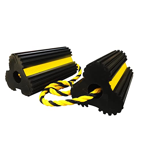 ROBLOCK Heavy Duty Wheel Chocks, Rubber Wheel Block Non-Slip Base with Nylon Rope Yellow Reflective Tape - 1 Pair Black, Wheel Stoppers for Travel Trailers, RV, Aircraft, Car, Camper, Truck