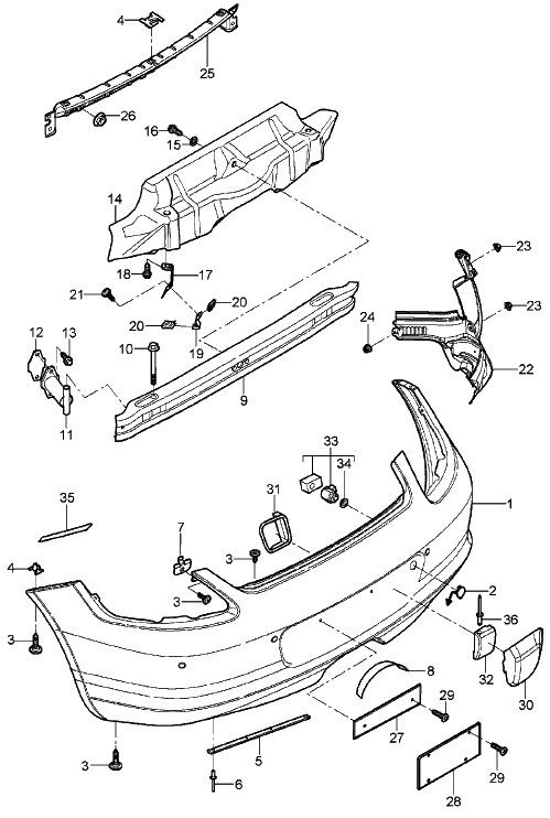 Exploded View Parts Diagram of a Porsche Rear Bumper